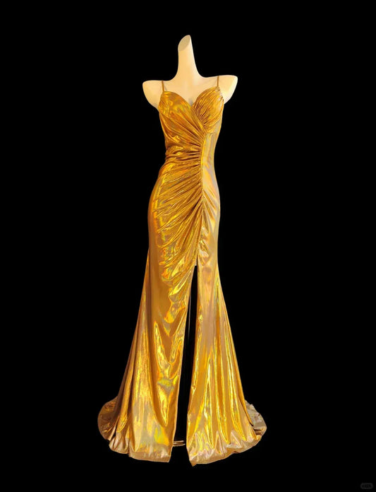 Vintage Mermaid Spaghetti Strap Sleeveless Pleated Satin Sweep Train Prom Dress