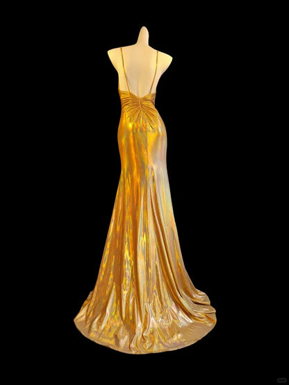Vintage Mermaid Spaghetti Strap Sleeveless Pleated Satin Sweep Train Prom Dress