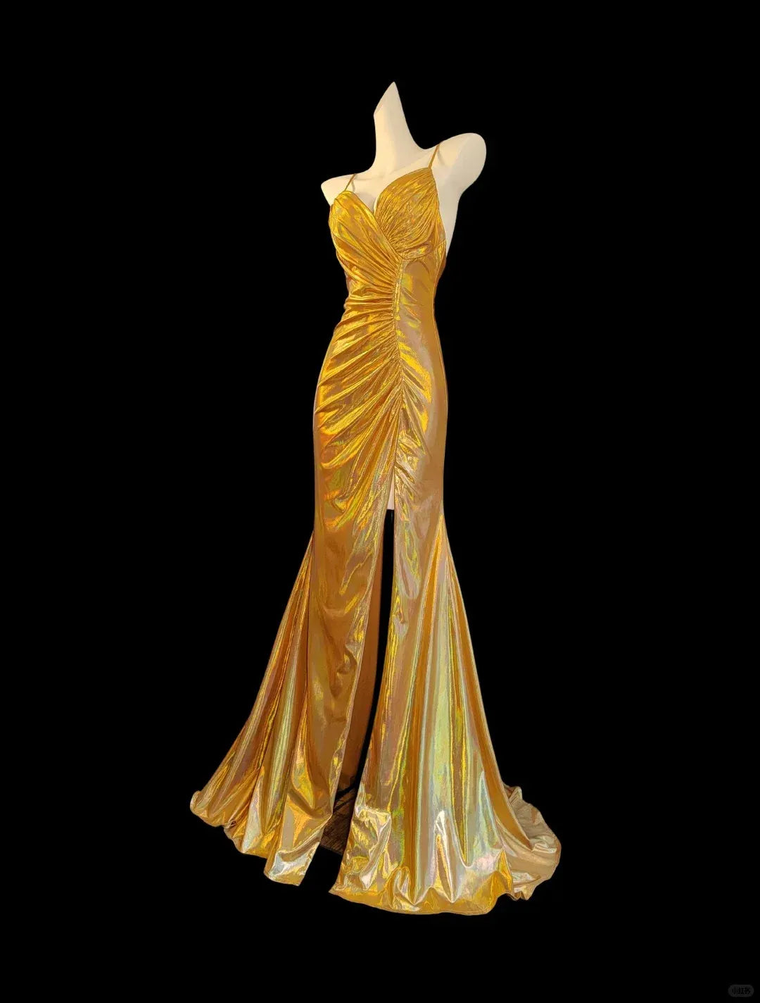 Vintage Mermaid Spaghetti Strap Sleeveless Pleated Satin Sweep Train Prom Dress