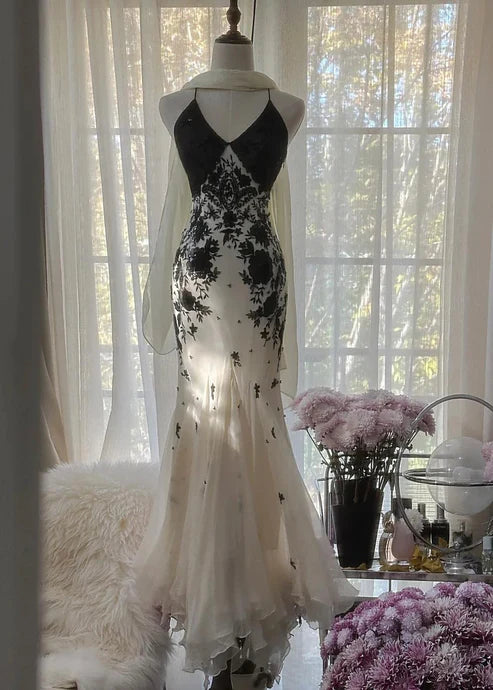 Vintage Mermaid Spaghetti Straps Sleeveless Crisscross Back Floor-Length Evening Dress