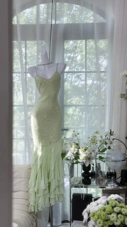 Vintage Mermaid Spaghetti Straps Sleeveless Pleated Chiffon Maxi Dress Prom Dress