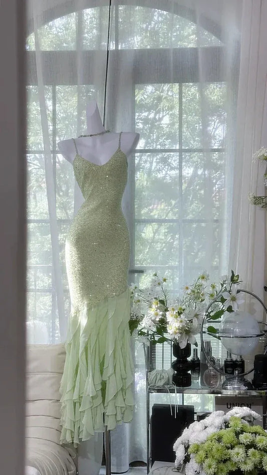 Vintage Mermaid Spaghetti Straps Sleeveless Pleated Chiffon Maxi Dress Prom Dress