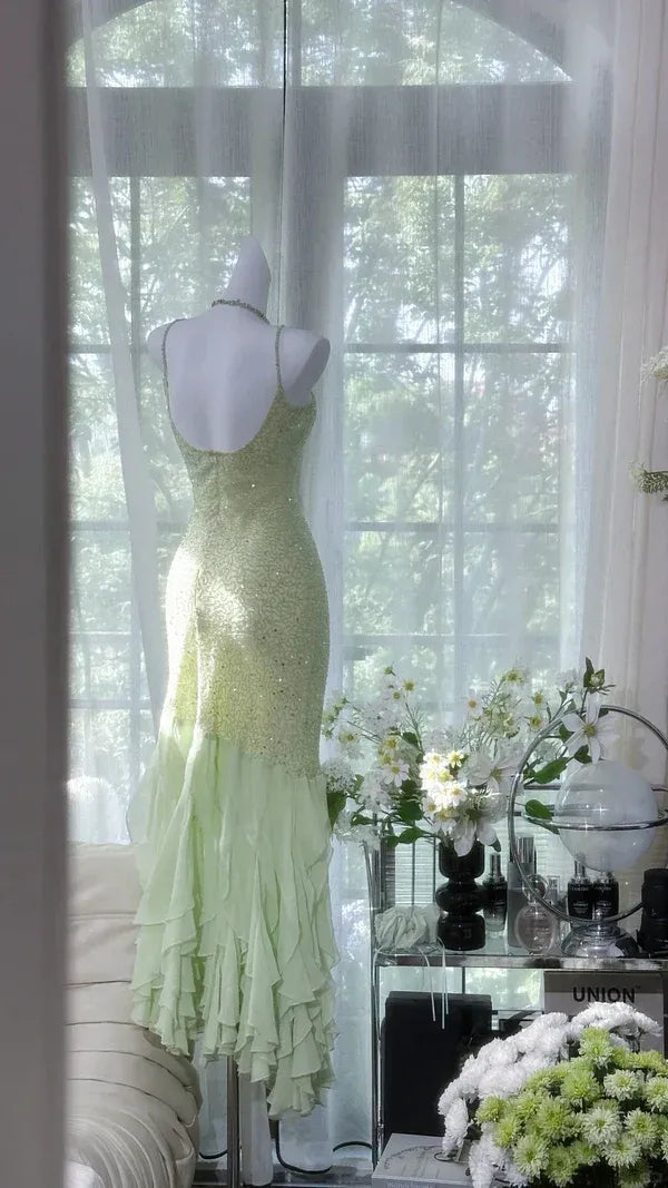 Vintage Mermaid Spaghetti Straps Sleeveless Pleated Chiffon Maxi Dress Prom Dress