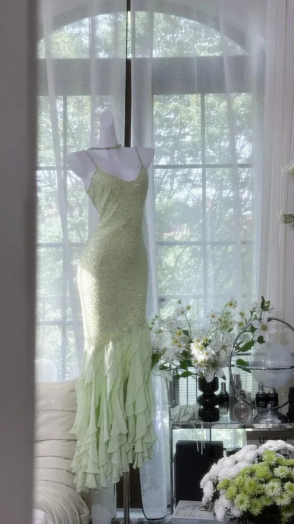Vintage Mermaid Spaghetti Straps Sleeveless Pleated Chiffon Maxi Dress Prom Dress
