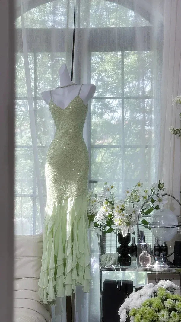 Vintage Mermaid Spaghetti Straps Sleeveless Pleated Chiffon Maxi Dress Prom Dress