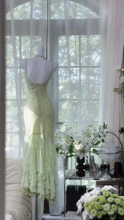 Vintage Mermaid Spaghetti Straps Sleeveless Pleated Chiffon Maxi Dress Prom Dress