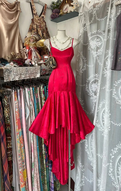 Vintage Mermaid Spaghetti Straps Sleeveless Pleated Satin Maxi Dress Prom Dress