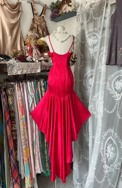 Vintage Mermaid Spaghetti Straps Sleeveless Pleated Satin Maxi Dress Prom Dress