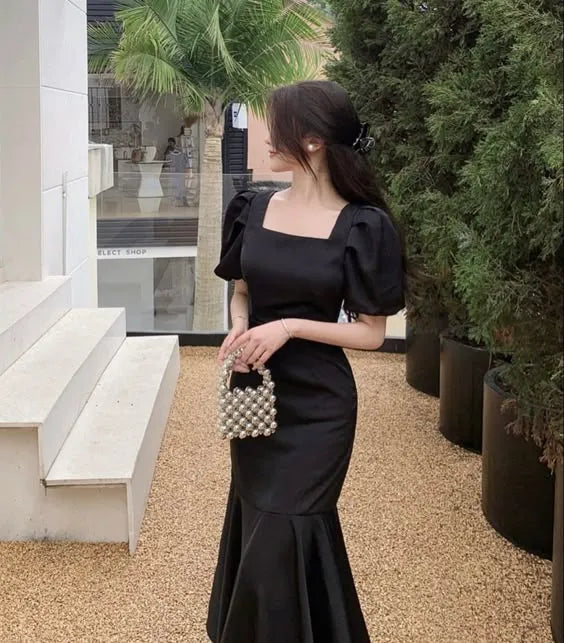 Vintage Mermaid Square Neck Puff Sleeve Satin Black Floor-Length Prom Dress