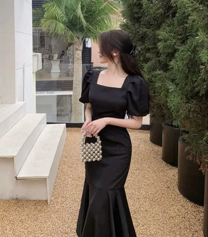 Vintage Mermaid Square Neck Puff Sleeve Satin Black Floor-Length Prom Dress