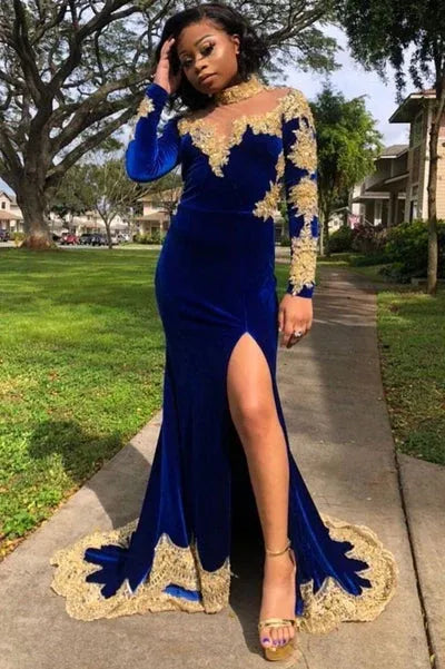 Vintage Mermaid/Trumpet High Neck Long Sleeve Lace Backless Sweep Train Prom Dress