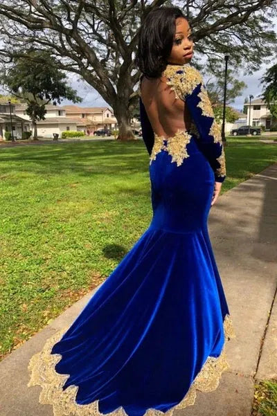 Vintage Mermaid/Trumpet High Neck Long Sleeve Lace Backless Sweep Train Prom Dress