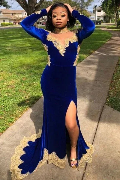 Vintage Mermaid/Trumpet High Neck Long Sleeve Lace Backless Sweep Train Prom Dress