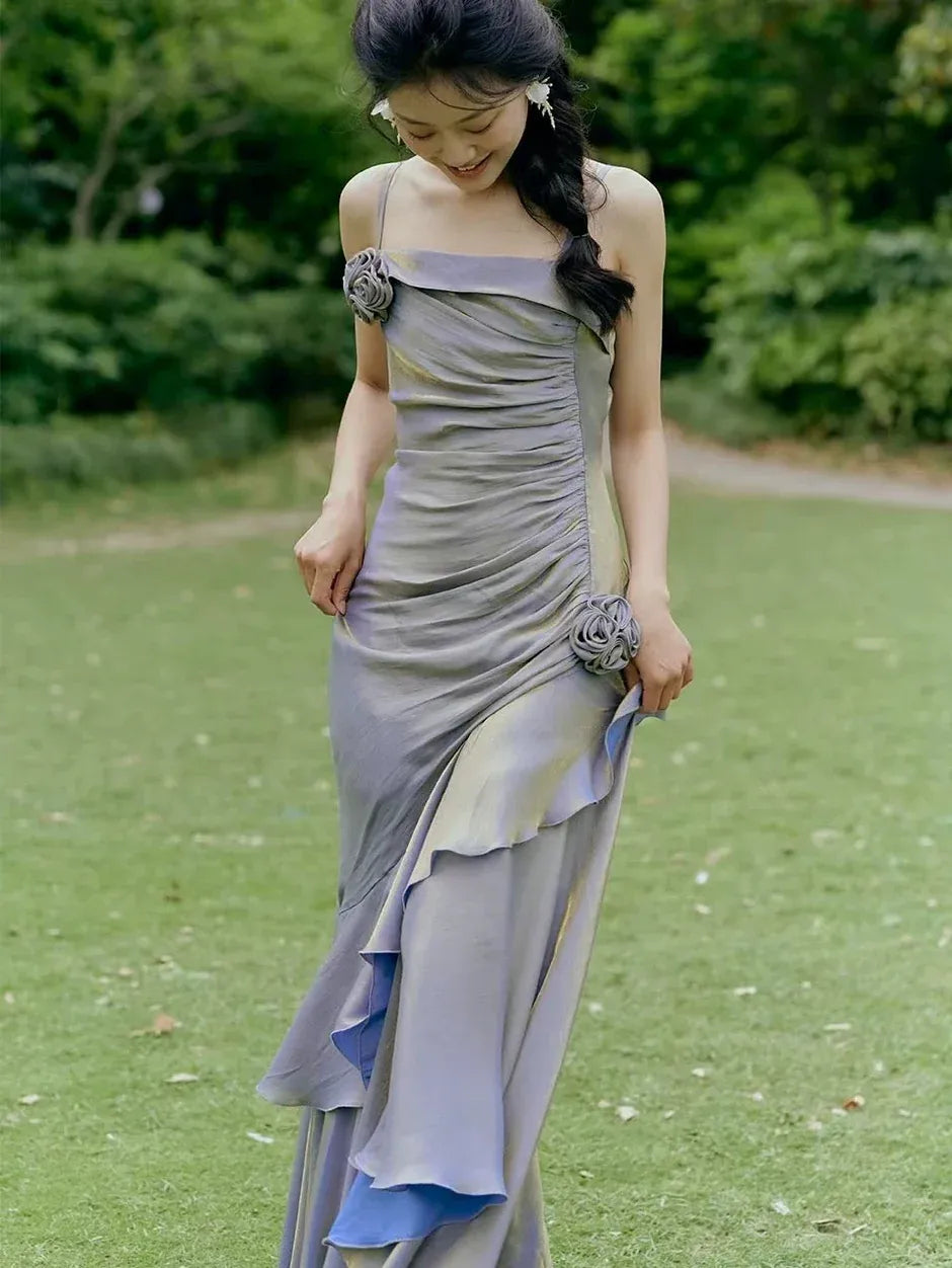 Vintage Mermaid/Trumpet Spaghetti Straps Sleeveless Satin Backless Floor Length Prom Dress