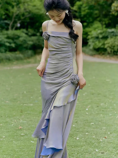 Vintage Mermaid/Trumpet Spaghetti Straps Sleeveless Satin Backless Floor Length Prom Dress