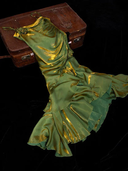 Vintage Mermaid/Trumpet Spaghetti Straps Sleeveless Satin Backless Floor Length Prom Dress