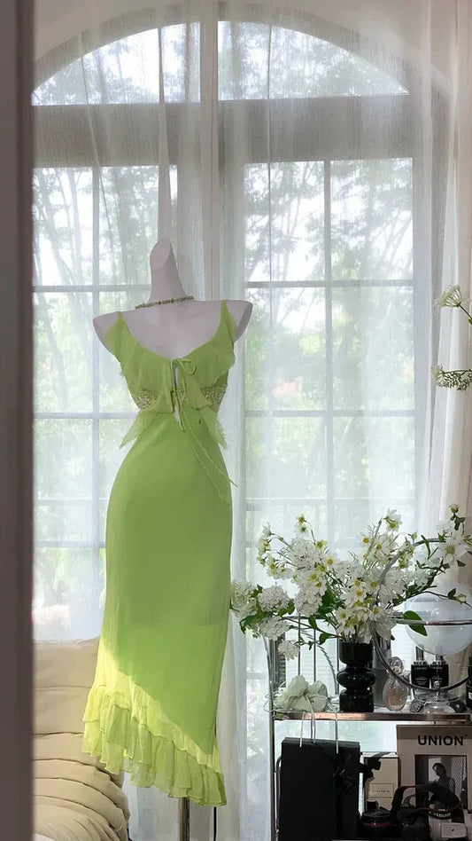 Vintage Mermaid V Neck Sleeveless Pleated Chiffon Maxi Dress Prom Dress