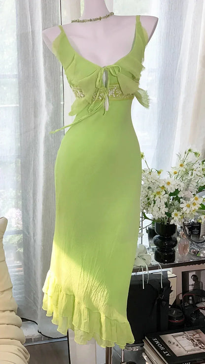 Vintage Mermaid V Neck Sleeveless Pleated Chiffon Maxi Dress Prom Dress