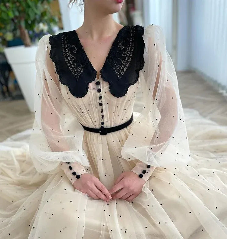 Vintage Polka-Dot Tulle Long Evening Dress Beige Peter Pan Collar Puff Sleeve for Women