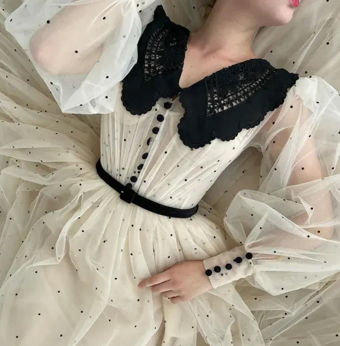 Vintage Polka-Dot Tulle Long Evening Dress Beige Peter Pan Collar Puff Sleeve for Women