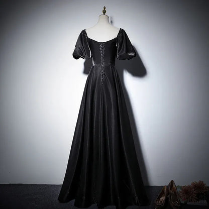 Vintage Satin Long Evening Dress Black Square-Neck Puff-Sleeve Party Gown for Women
