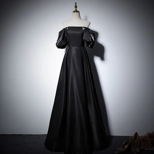 Vintage Satin Long Evening Dress Black Square-Neck Puff-Sleeve Party Gown for Women