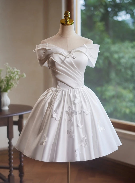 Vintage A-Line Off-Shoulder Butterfly Applique Ruched White Short Homecoming Dress