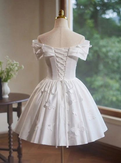 Vintage A-Line Off-Shoulder Butterfly Applique Ruched White Short Homecoming Dress