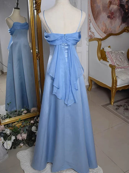 Vintage A-Line Spaghetti Straps Sleeveless Satin Backless Floor-Length Prom Dress