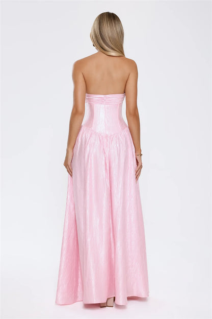 Vintage A-Line Sweetheart Strapless Shimmering Slit Pink Floor-Length Prom Dress