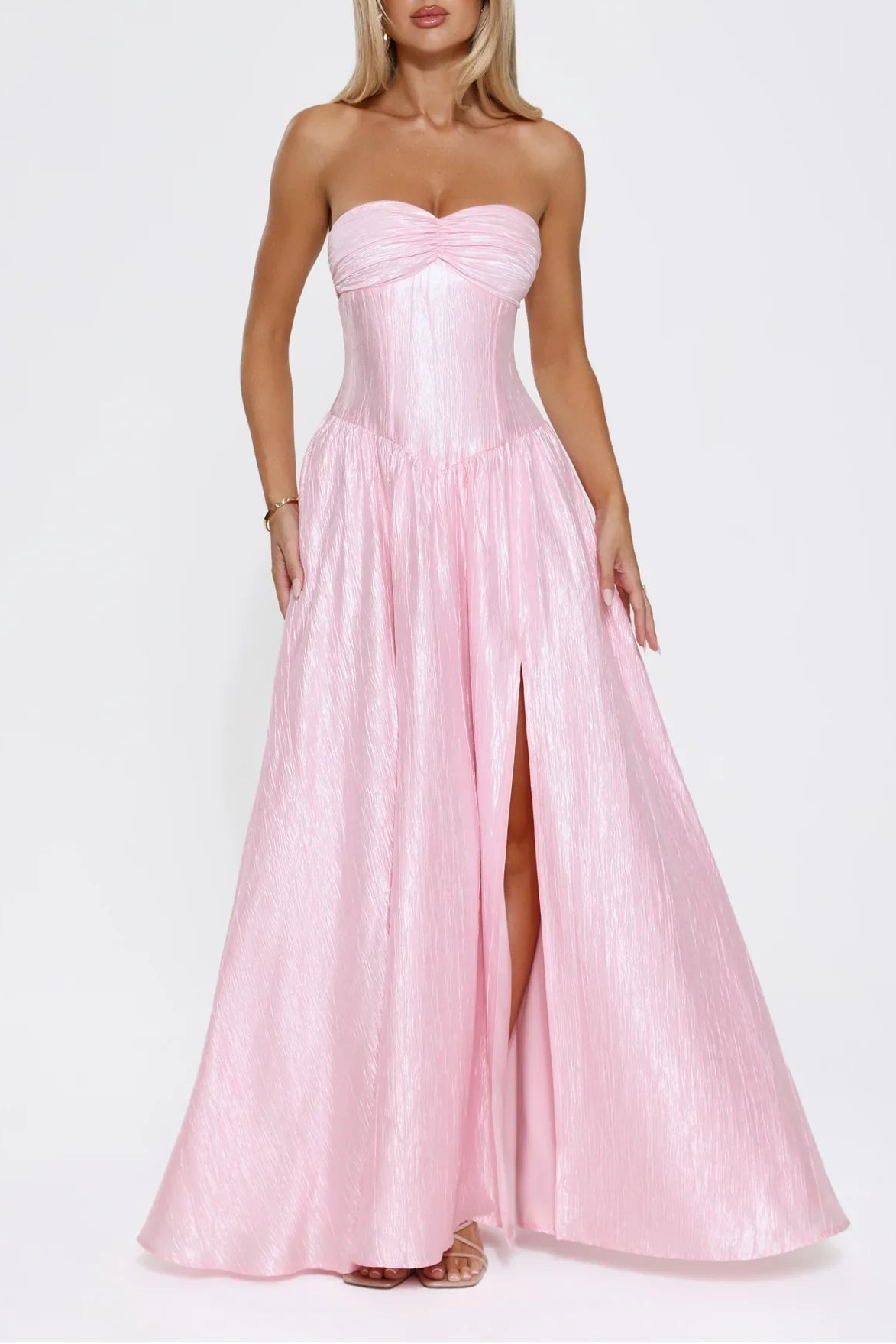 Vintage A-Line Sweetheart Strapless Shimmering Slit Pink Floor-Length Prom Dress