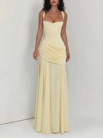 Vintage French A-Line Sweetheart Neck Draped Ruched Pale Yellow Floor-Length Prom Dresses
