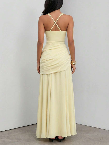 Vintage French A-Line Sweetheart Neck Draped Ruched Pale Yellow Floor-Length Prom Dresses