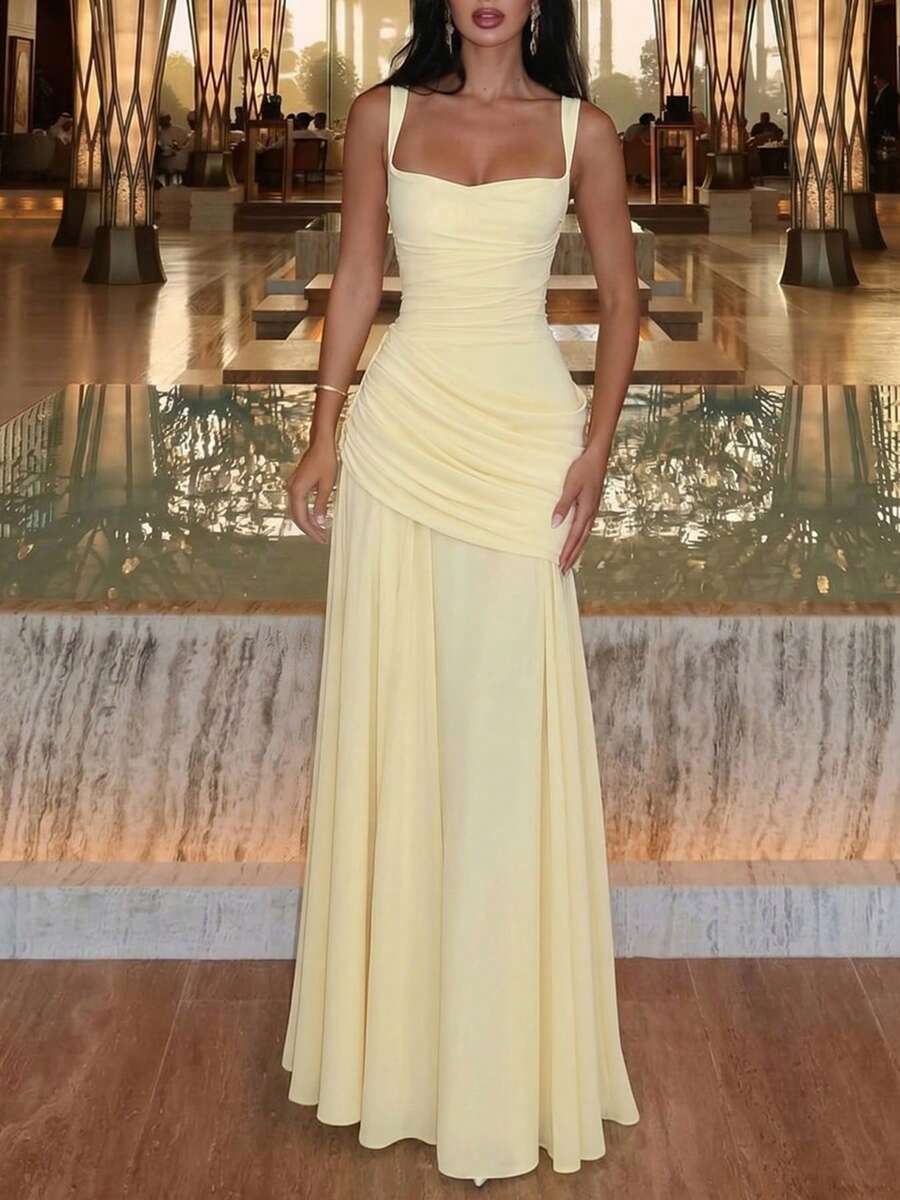 Vintage French A-Line Sweetheart Neck Draped Ruched Pale Yellow Floor-Length Prom Dresses