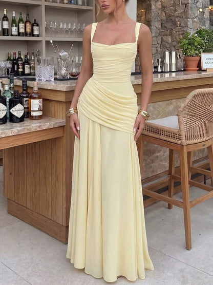 Vintage French A-Line Sweetheart Neck Draped Ruched Pale Yellow Floor-Length Prom Dresses