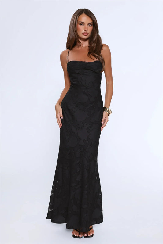 Vintage Mermaid Cowl Neck Lace-Up Textured Black Floor-Length Prom Dress