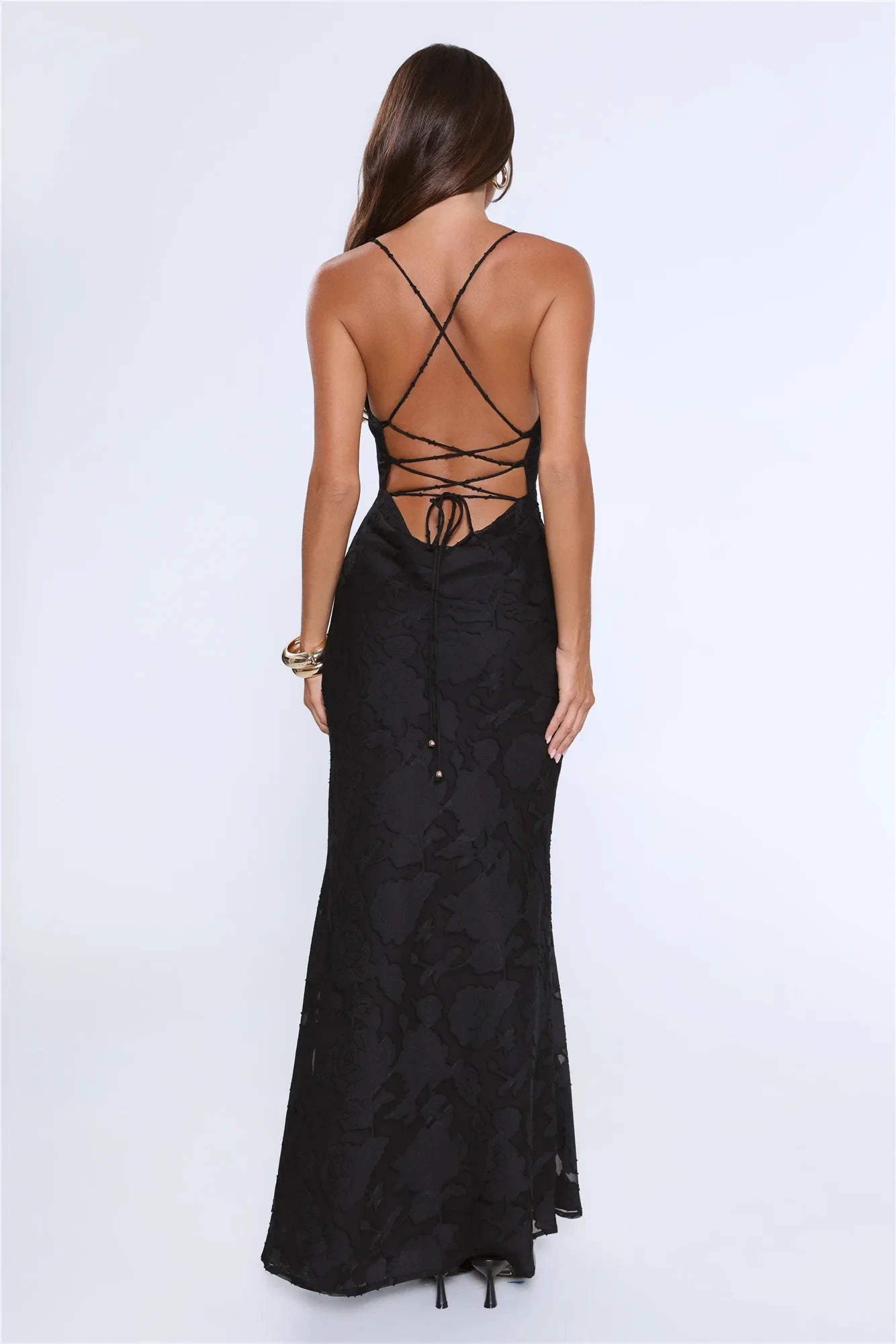Vintage Mermaid Cowl Neck Lace-Up Textured Black Floor-Length Prom Dress