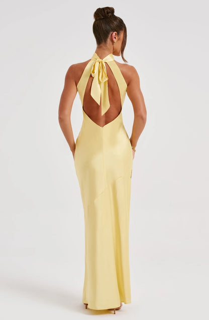 Vintage Sheath Halter Backless Slit Lemon Yellow Maxi Prom Dress With Tie