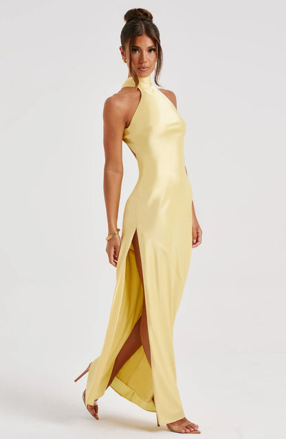 Vintage Sheath Halter Backless Slit Lemon Yellow Maxi Prom Dress With Tie