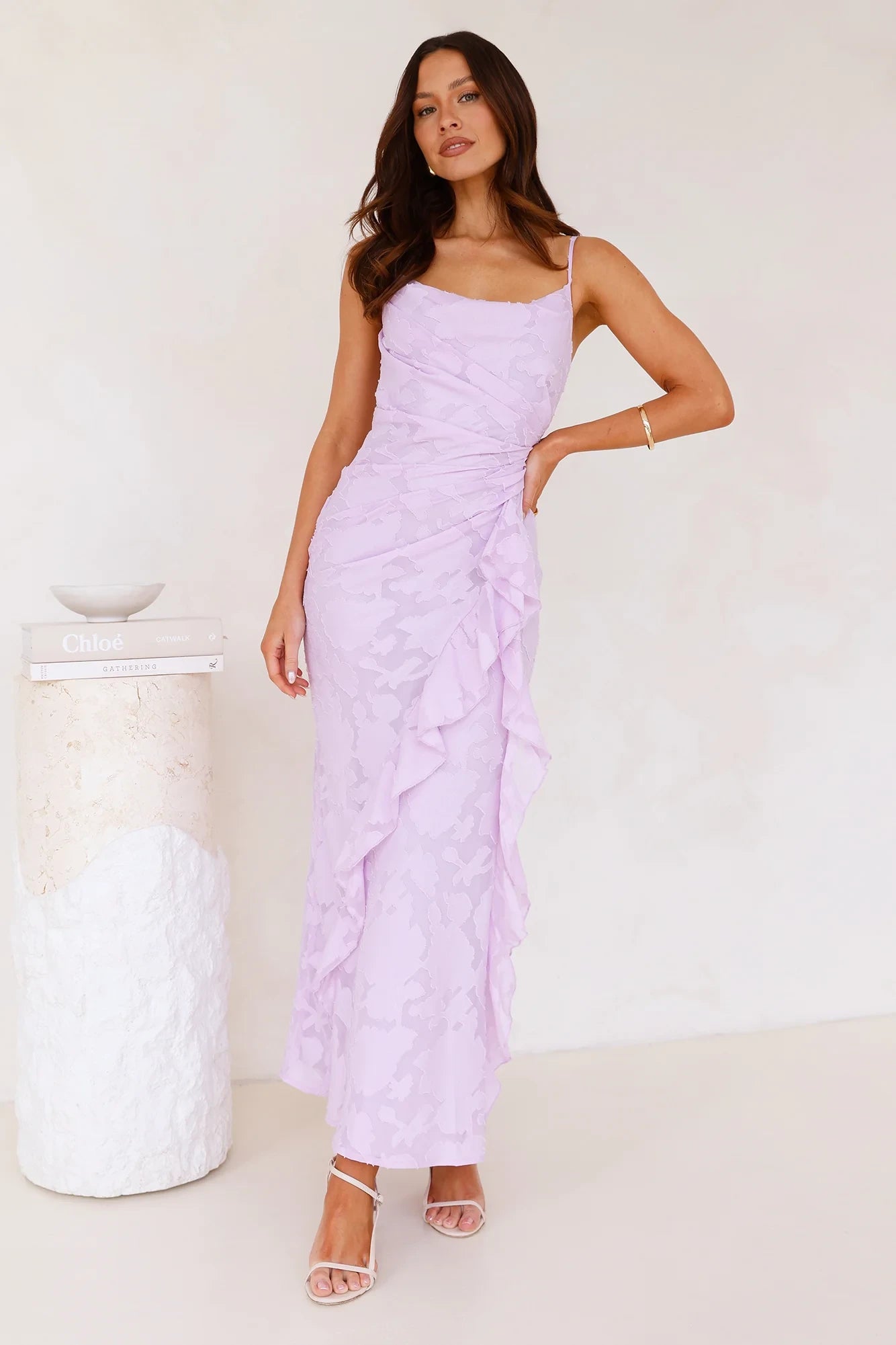 Vintage Sheath Square Neck Ruched Ruffle Floral Lavender Maxi Prom Dress