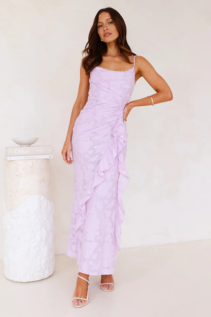 Vintage Sheath Square Neck Ruched Ruffle Floral Lavender Maxi Prom Dress