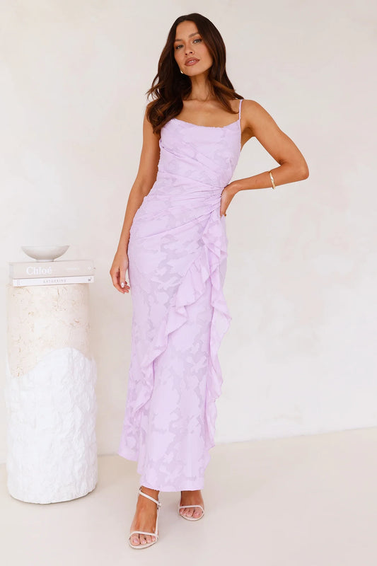 Vintage Sheath Square Neck Ruched Ruffle Floral Lavender Maxi Prom Dress