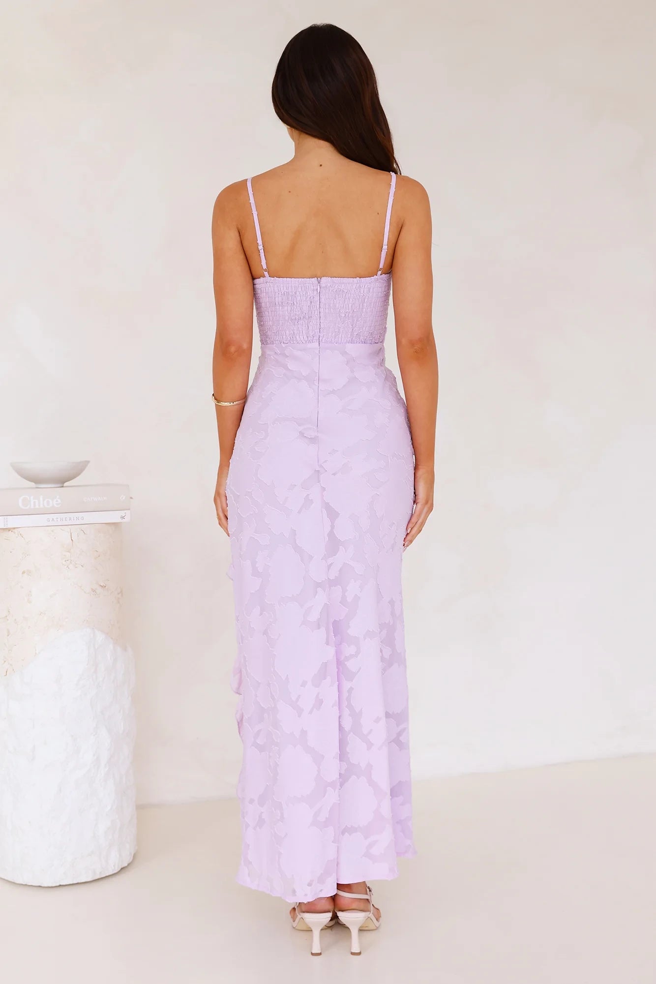 Vintage Sheath Square Neck Ruched Ruffle Floral Lavender Maxi Prom Dress