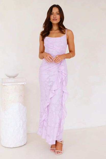 Vintage Sheath Square Neck Ruched Ruffle Floral Lavender Maxi Prom Dress