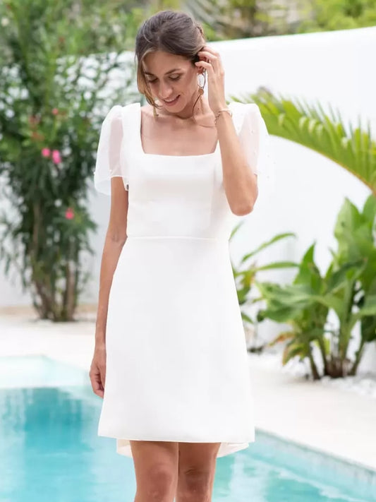 Short Wedding Dress Short Square Neck Short Sleeves Short Natural Waist Satin Bridal Gowns Cocktail Dresses
