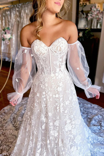 Ivory Sweetheart Corset Detachale Long Sleeves Long Lace Wedding Dress Sweep/Brush Train Dresses