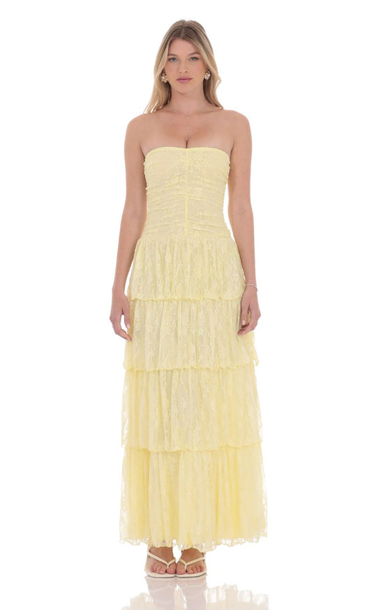 Whimsical A-Line Sweetheart Strapless Ruched Lace Tiered Floor-Length Prom Dresses