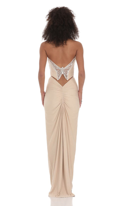 Whimsical Sheath Sweetheart Strapless Butterfly-Embellished Cut-Out-Back Jersey Floor-Length Prom Dresses