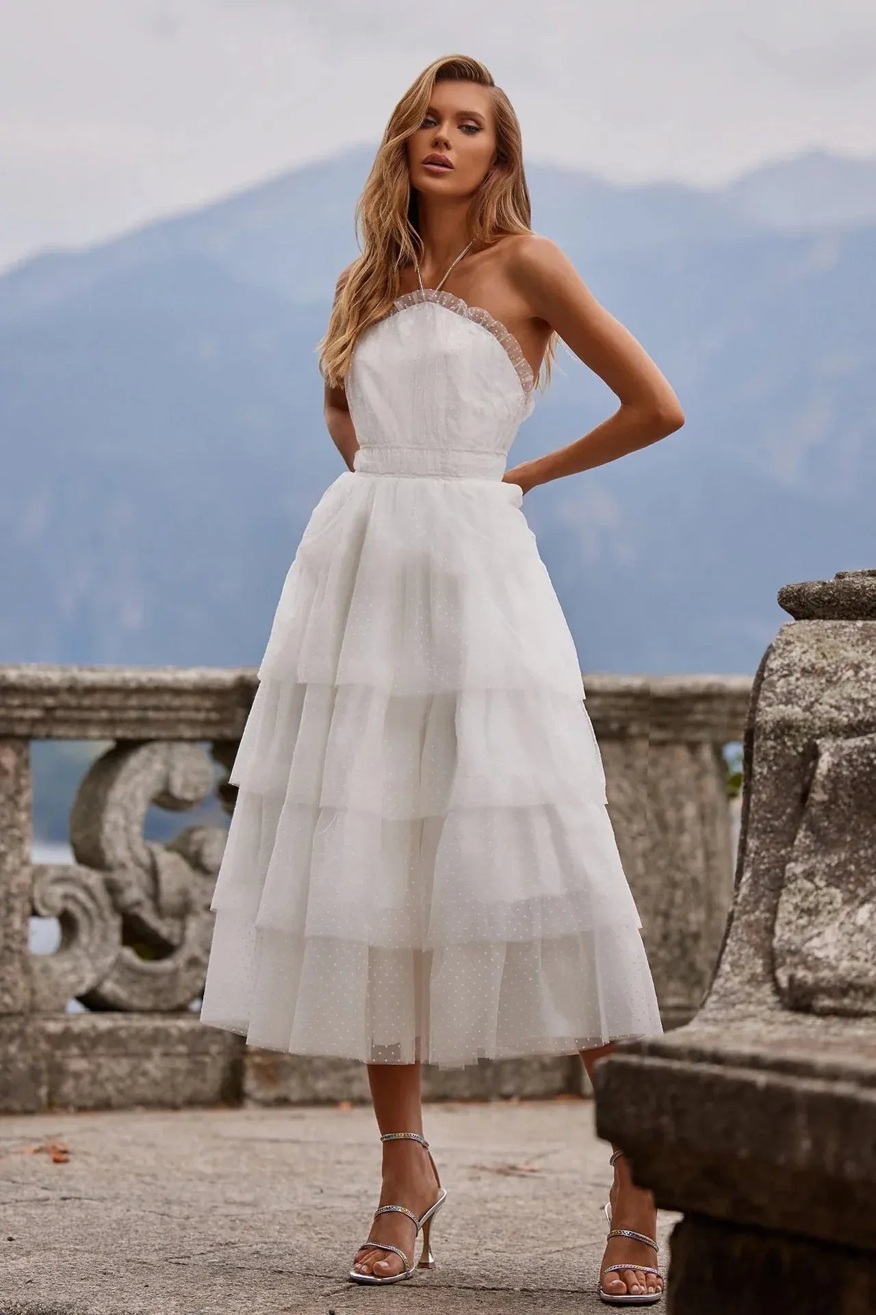 Whimsical A-Line Halter Tiered Ruffle Backless Polka-Dot White Midi Prom Dress