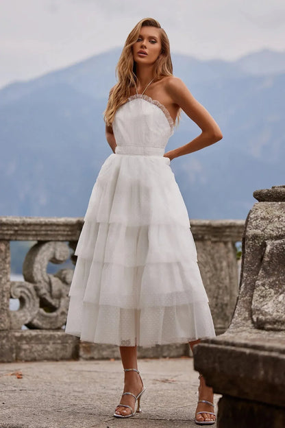 Whimsical A-Line Halter Tiered Ruffle Backless Polka-Dot White Midi Prom Dress